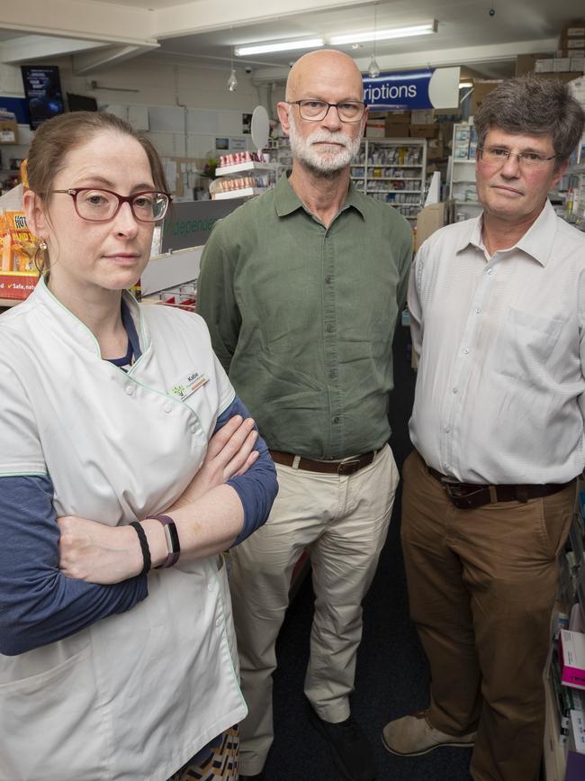 Pharmacists, Katie Hayes (Risdon Vale Pharmacy), Greg Finlayson (Shoreline Pharmacy, Howrah) and Rhys Jones (Rhys Jones Pharmacy, Rosny Park) at Risdon Vale Pharmacy. Picture: Chris Kidd