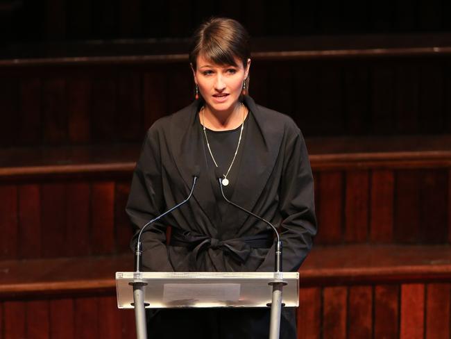 Harriet Wran gives a eulogy at her father Neville’s funeral. Picture: Adam Taylor