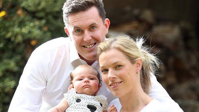 Michelle Sal and her husband Nick with newborn Matilda. Picture: Alex Coppel