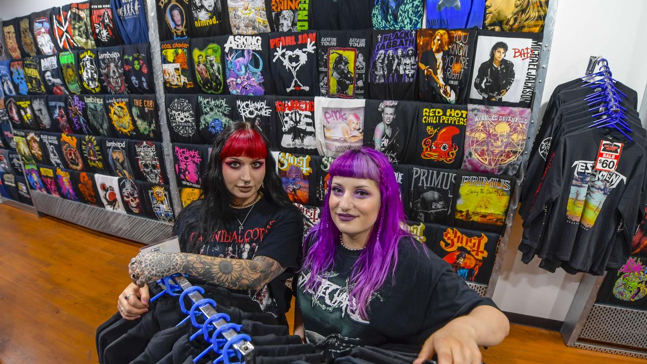 Rhiannon Simone and Daisy Maragozidis at the shop, which carries a huge range of metal and rock band T-shirts. Picture: RoyVPhotography