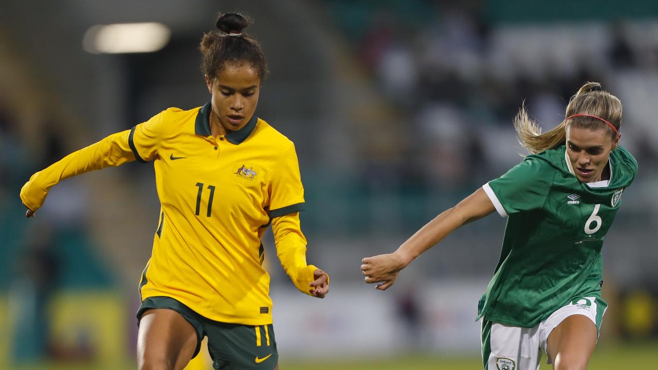 Matildas attacker Mary Fowler gets the better of Ireland’s Jamie Finn last month. Picture: Oisin Keniry / Getty Images