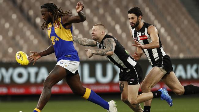 West Coast ruckman Nic Naitanui is pressing his claims for all Australian status but faces an intriguing ruck battle with Melbourne captain Max Gawn on Monday night. Picture: Getty Images.