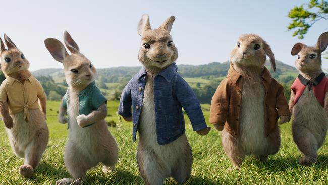Mopsy (voiced by Elizabeth Debicki), Cotton-tail (Daisy Ridley), Peter Rabbit (James Corden), Benjamin (Colin Moody) and Flopsy (Margot Robbie) in a scene from Columbia Pictures’ Peter Rabbit.
