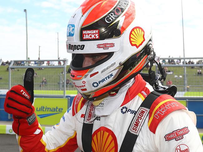 BATHURST, AUSTRALIA - FEBRUARY 27: Anton De Pasquale driver of the #100 Shell V-Power Racing Ford Mustang celebrates after taking the fastest time during the qualifying session for the Mount Panorama 500 which is part of the 2021 Supercars Championship, at Mount Panorama on February 27, 2021 in Bathurst, Australia. (Photo by Robert Cianflone/Getty Images)