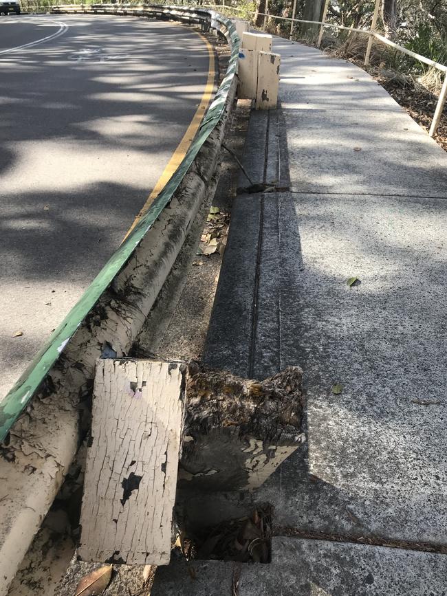 A rotting road barrier in Parriwi Rd, Mosman.