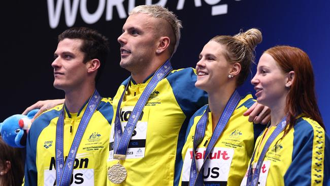 FUKUOKA, JAPAN – JULY 29: Gold medallists Jack Cartwright, Kyle Chalmers, Shayna Jack and Mollie O'Callaghan of Team Australia pose in the Mixed 4 x 100m Freestyle Relay Final on day seven of the Fukuoka 2023 World Aquatics Championships at Marine Messe Fukuoka Hall A on July 29, 2023 in Fukuoka, Japan. (Photo by Clive Rose/Getty Images)