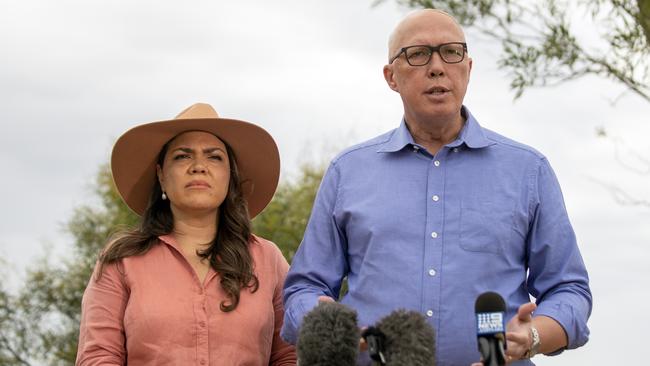 Opposition Leader Peter Dutton and Senator Jacinta Price hold a press conference on ANZAC Hill in Alice Springs on April 13. Picture: Liam Mendes / The Australian