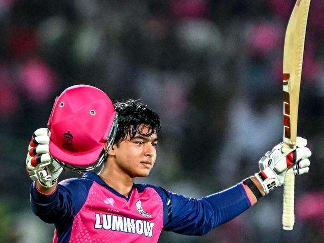 Rajasthan Royals' Vaibhav Suryavanshi celebrates after scoring a century (100 runs) during the Indian Premier League (IPL) Twenty20 cricket match between Rajasthan Royals and Gujarat Titans at the Sawai Mansingh Stadium in Jaipur on April 28, 2025. (Photo by Sajjad HUSSAIN / AFP) / -- IMAGE RESTRICTED TO EDITORIAL USE - STRICTLY NO COMMERCIAL USE --
