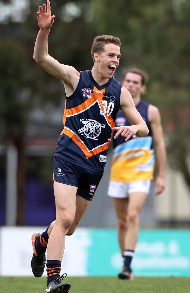 Hands up if you were best afield on Sunday. Mitch Podhajski celebrates a goal for Calder Cannons. Picture: Mark Dadswell