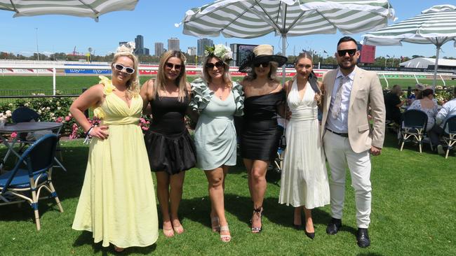 Jasmina, Alana, Sam, Meri, Lidia and Suzy at the 2024 Crown Oaks Day, held at Flemington Racecourse. Picture: Gemma Scerri