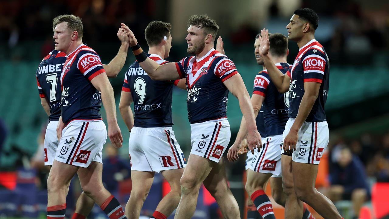 SYDNEY, AUSTRALIA - AUGUST 20: Angus Crichton of the Roosters celebrates a try with teammates during the round 23 NRL match between the Sydney Roosters and the Wests Tigers at Sydney Cricket Ground, on August 20, 2022, in Sydney, Australia. (Photo by Scott Gardiner/Getty Images)