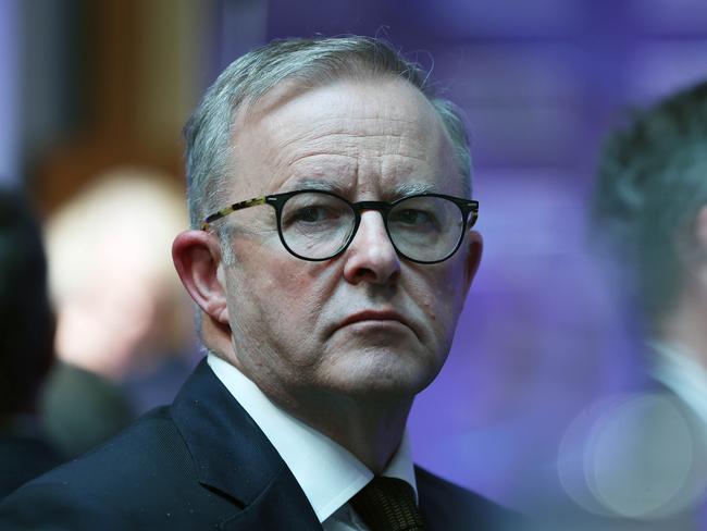 CANBERRA, AUSTRALIA - NewsWire Photos APRIL 05, 2022: Anthony Albanese listens to Shadow Treasurer and Federal Labor Member for Rankin, Jim Chalmers, addressed the National Press Club in the Great Hall at Parliament House. Picture: NCA NewsWire / Gary Ramage