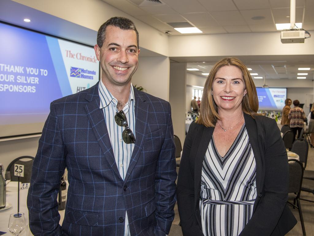 David Thiel and Carly Brailak, Clifford Gouldson Lawyers  at Colliers luncheon, Oaks Hotel. Friday. 16th Oct 2020