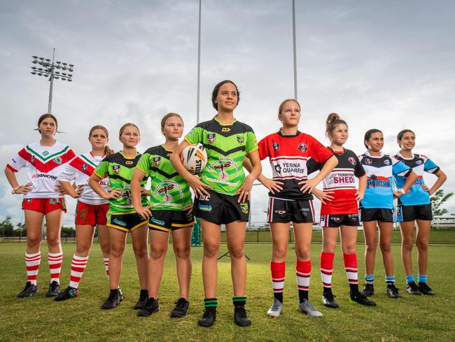 NRL NT is trying to get an under-13 female competition off the ground in 2021 to deliver a clear pathway for girls interested in the sport. Renee Scherell, Nelly Robertson, Annabell Kay, Eva Kay, Marley Morgan, Bec Ashford, Alyra Baker, Mymona Bryers and Kathleen Malupo are looking forward to kick-off. Photo: Che Chorley