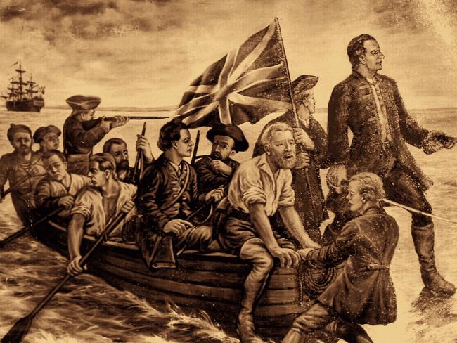 Artwork - painting Captain James Cook and crew members landing at Botany Bay, New South Wales in 1770. historical