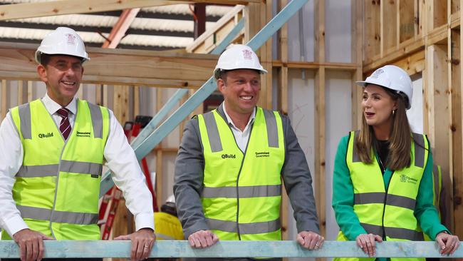 Queensland Treasurer Cameron Dick, Premier Steven Miles and Housing Minister Meaghan Scanlon have announced another measure to help first home buyers. Picture: NewsWire/Tertius Pickard