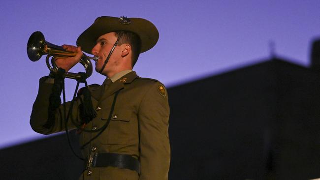 Australian Defence force bugler during the Dawn Service at the Australian War Memorial on April 25, 2023 in Canberra.