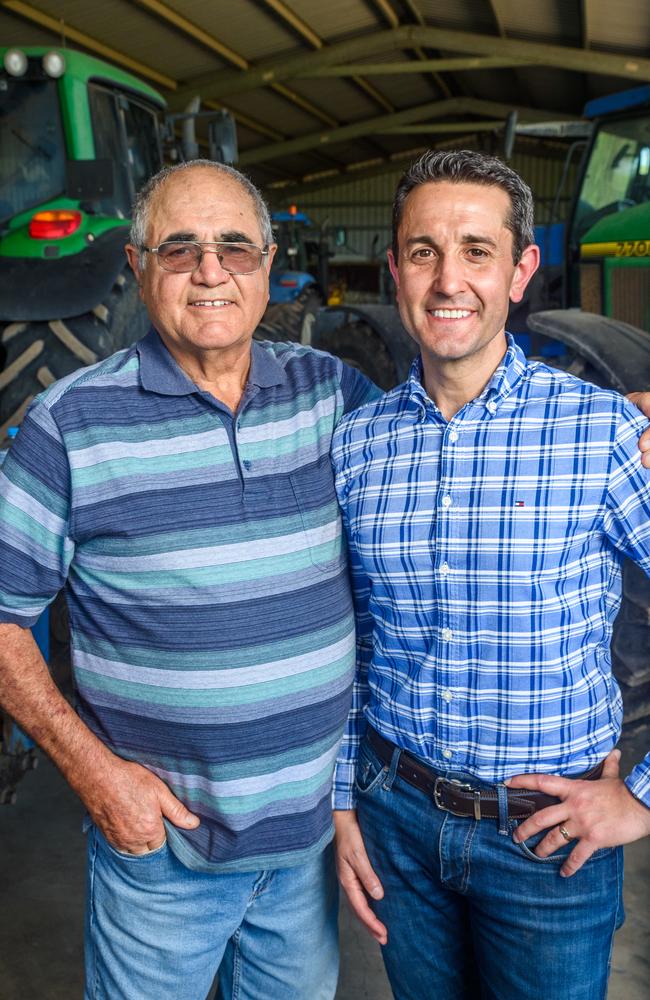 David Crisafulli with his dad Tony on his cane property at Lannercost, just inland from Ingham, North Qld. Picture: Scott Radford Chisholm