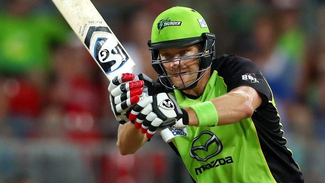 The Thunder's Shane Watson drives for runs during the BBL game between the Sydney Thunder and the Adelaide Strikers at Spotless Stadium. Picture: Gregg Porteous