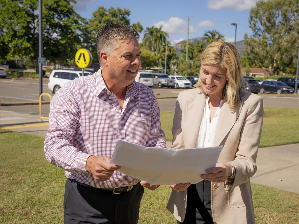 Thuringowa MP Aaron Harper and Health Minister Shannon Fentiman examine plans for expanding the Kirwan Health Campus. Picture: Supplied.