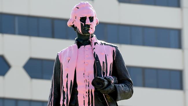 Captain Cook statue has been vandalised in Catani Gardens, St Kilda. Picture: Nicole Garmston
