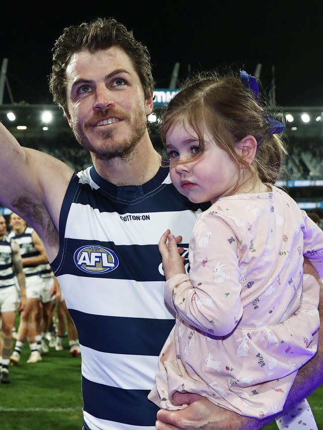 Walking off the ground after his final game for Geelong. Picture: Michael Klein