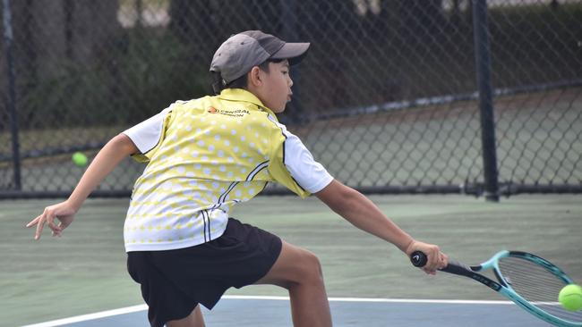 Players on court at the JDS Central Region tournament at the Rockhampton Regional Tennis Centre on July 14, 2024.
