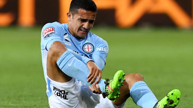Tim Cahill of Melbourne City injures his ankle.