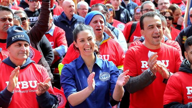 Rail Tram and Bus Union secretary Luba Grigorovitch with workers at a rally. Picture: Ian Currie