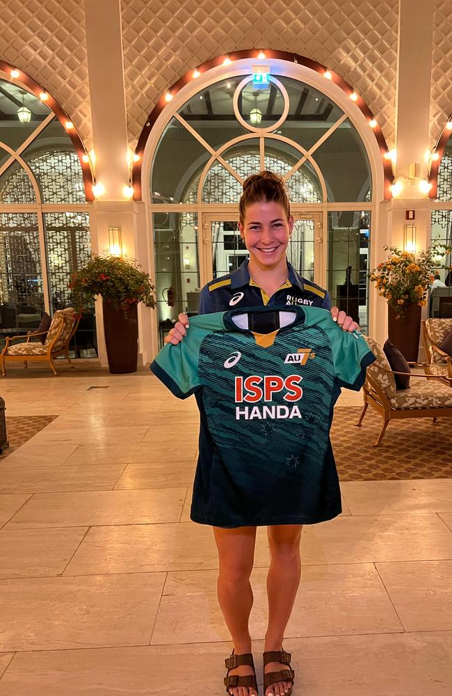 Caitlin Shave proudly shows off the jersey when she made the Australia A team at the Dubai 7’s last year.