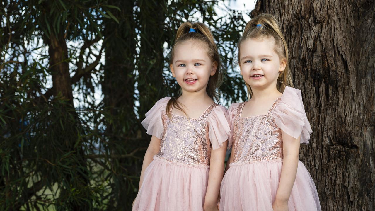 Twins Ava (left) and Isla Davis-Cook have been named as Toowomba's cutest toddlers according to readers of The Chronicle, Saturday, April 2, 2022. Picture: Kevin Farmer