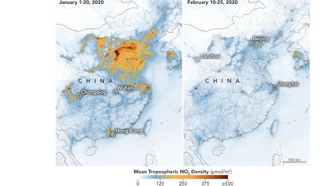 February satellite readings of nitrogen dioxide, a pollutant primarily from burning fossil fuels, show a dramatic decline compared to early January when power plants were operating at normal levels. Picture: NASA Earth Observatory