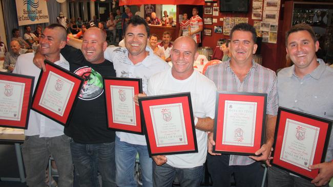 Hall of Fame inductees Shannon Kearns, left, Kyle Brownlie, Troy Brose, James Ward, Jason Rixon and Tony Smyth at the Kawana Dolphins Rugby League Club's 20-year celebration in 2013. Picture: Erle Levey.