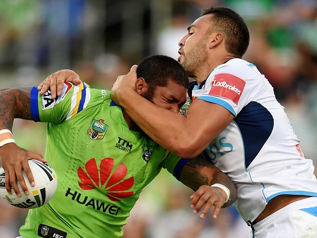 Frank-Paul Nuuausala is tackled by Ryan James.