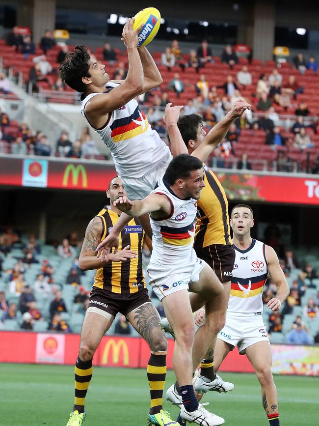 Adelaide’s Shane McAdam takes high mark over the pack. Picture: Sarah Reed