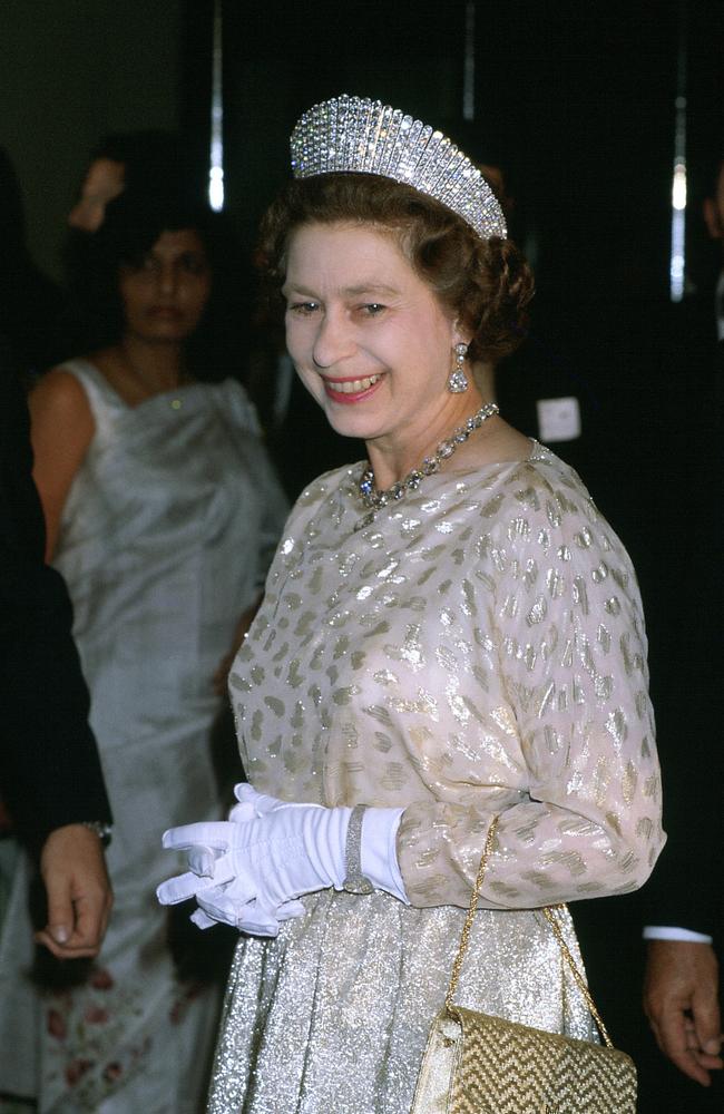 Queen Elizabeth wearing a Sir Hardy Amies-designed dress with the Kokoshnick tiara And Queen Victoria's Collet necklace and earrings. Picture: Getty Images