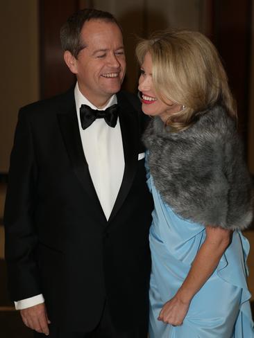 The Opposition Leader Bill Shorten and his wife Chloe, who wore a dress from Victorian designer Lucy Laurita, arrive for the Mid Winter Ball. Pic by Gary Ramage