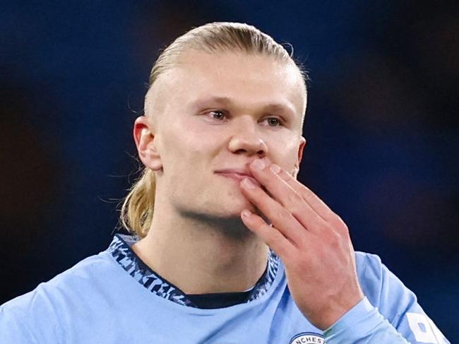 Manchester City's Norwegian striker #09 Erling Haaland reacts at the end of the UEFA Champions League football match between Manchester City and Feyenoord at the Etihad Stadium in Manchester, north west England, on November 26, 2024. Manchester City and Feyenoord equalised 3 - 3. (Photo by Darren Staples / AFP)