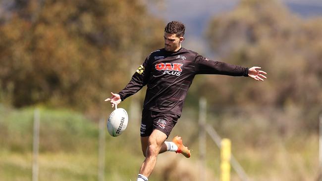 Nathan Cleary practices his kicks during a Penrith Panthers training session. Picture: Getty