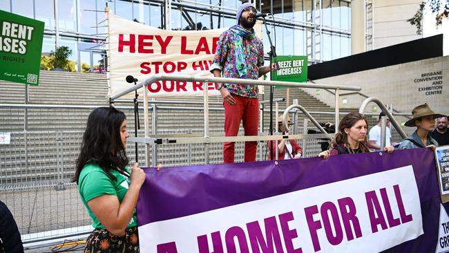 Jonathan Sriranganathan, the Greens candidate for Mayor of Brisbane, speaks during a housing rally outside Labor's 49th National Conference in Brisbane last month. Picture: Dan Peled/NCA NewsWire