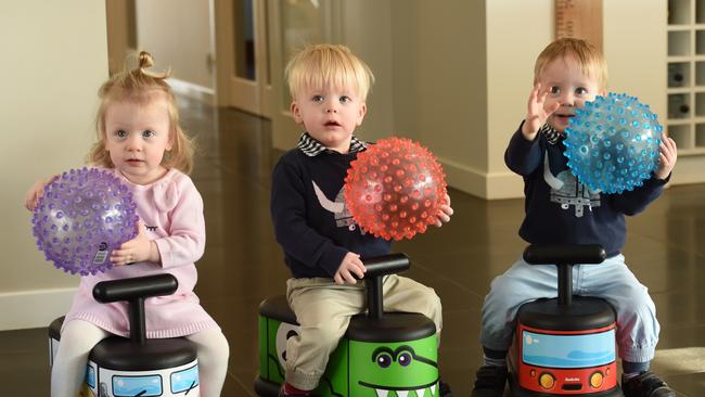 Triplets Isabelle, Ashton, and Zac in 2017. Picture: Steve Tanner