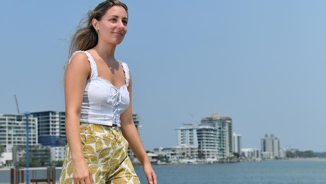 Maple Organic Wear owner Maddi Butel models one of her sustainable fashion lines at Maroochydore. Photo: John McCutcheon / Sunshine Coast Daily