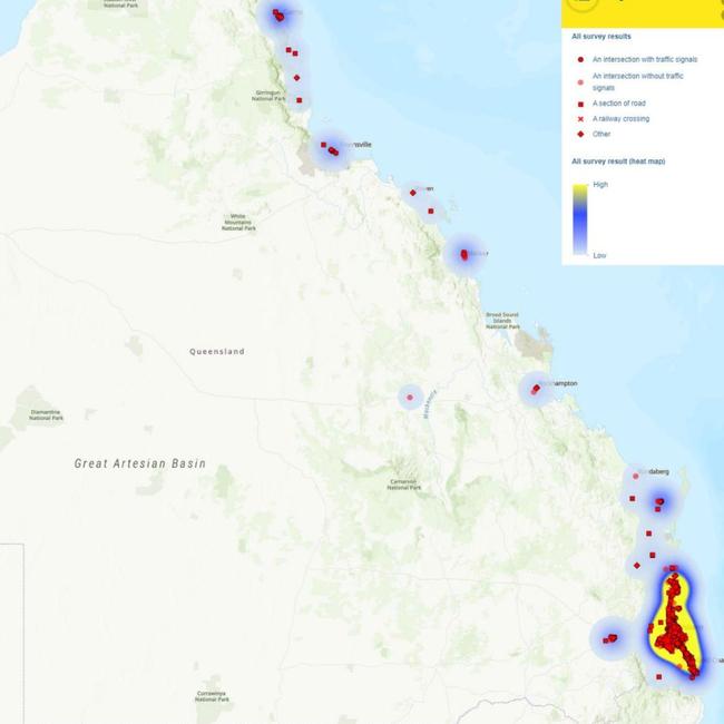 Heat map showing nominated Red Spot locations across Queensland, with the south east part of the state mostly impacted by traffic. Picture: RACQ