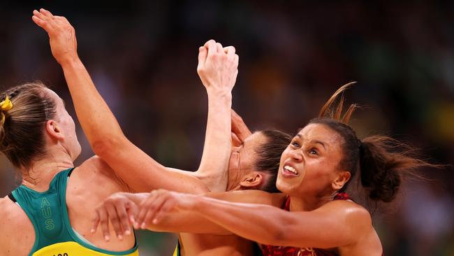 Proud accidentally copped a stray elbow to the face from teammate Kiera Austin. Picture: Getty Images.