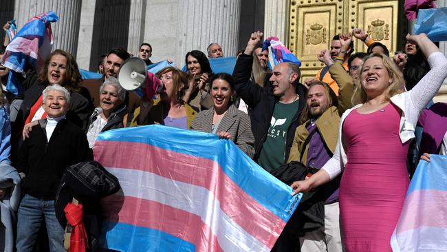 Irene Montero, centre, the Minister equality, joins the celebrations after the law’s approval. Picture: AFP
