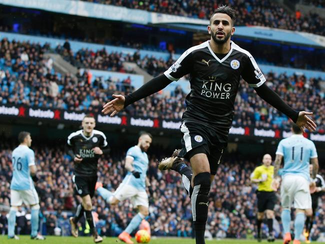 Leicester City's Algerian midfielder Riyad Mahrez celebrates scoring his team's second goal.