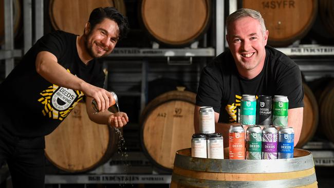 Patrick Alé and David Milstein from Deeds Brewing in Glen Iris are opening a taphouse on the premises, but in the meantime they’re producing hand sanitiser to get through the COVID-19 lockdown. Picture: Penny Stephens