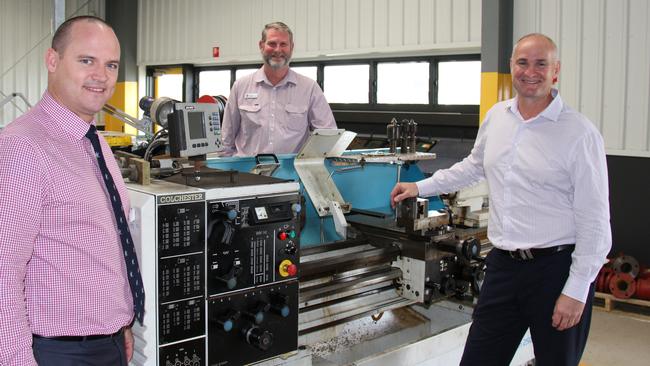 L to R: CQ University Associate Vice President Gladstone Campus Luke Sinclair, Manufacturing Hub Skills Development and Training Officer Mick Elliott and Gladstone MP Glenn Butcher at the Gladstone Manufacturing Hub.