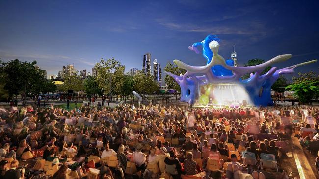 Artist impressions of the outdoor space, the “splash’’, at the redeveloped Gold Coast Cultural Precinct at Evandale.