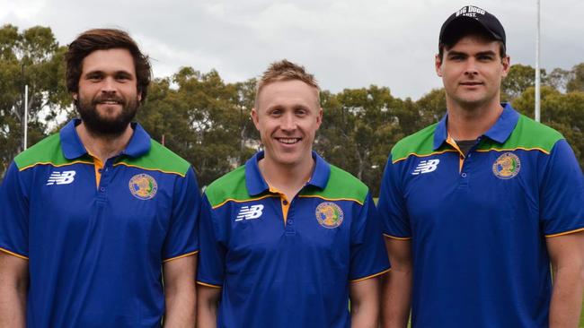 New Golden Grove coach Luke Barmby (middle) with star recruits and Norwood premiership players Cam Shenton (left) and Lewis Johnston (right). Picture: Golden Grove Football Club